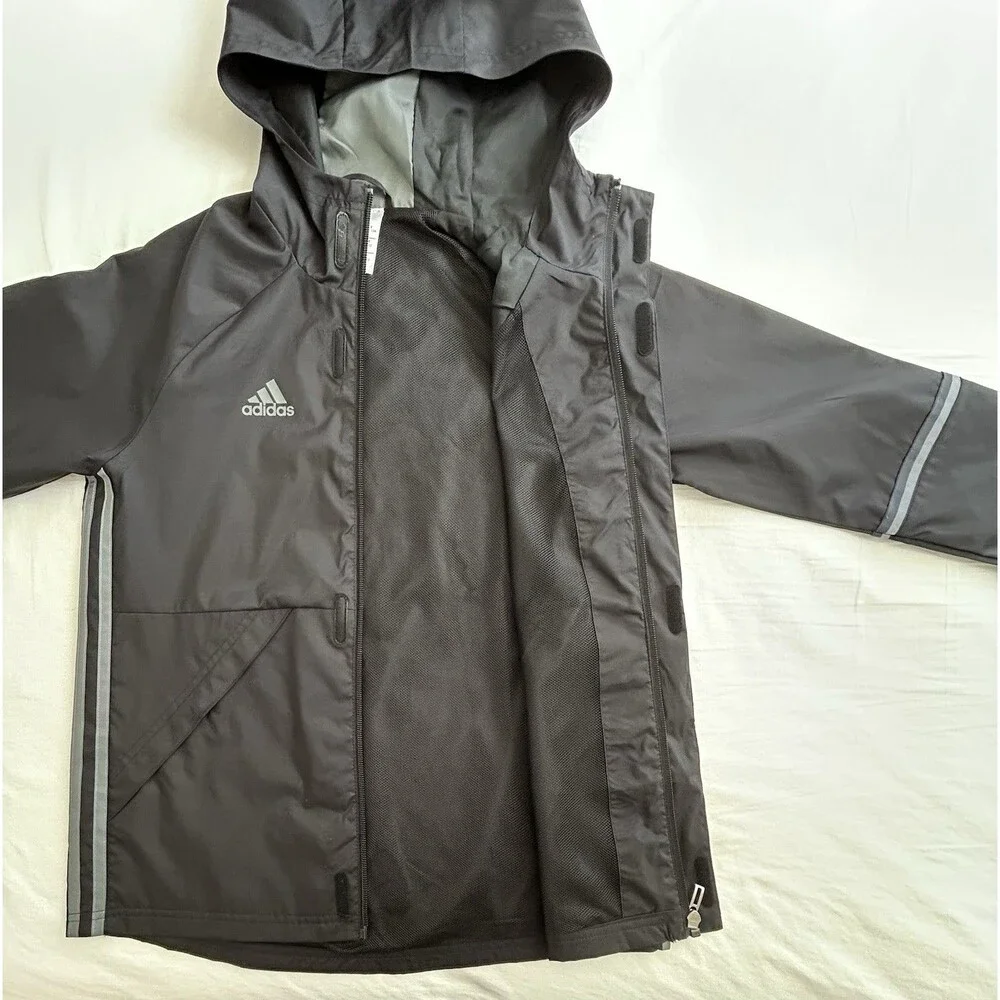 NWOT Adidas Valencia CF Youth Rain Jacket Windbreaker Black Hooded Size M 11-12